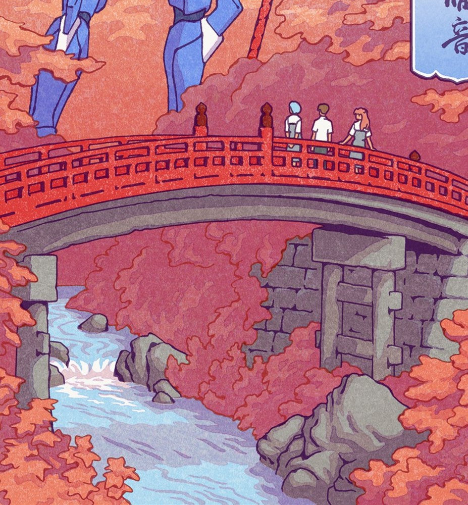 Neon Genesis Evangelion (Ukiyo-e Bracing for Impact) by Jed Henry, 12" x 17" Archival pigment print on handmade Japanese paper