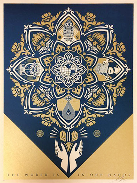 Holiday Print 2015 (gold / blue) by Shepard Fairey, 18" x 24" Screen Print