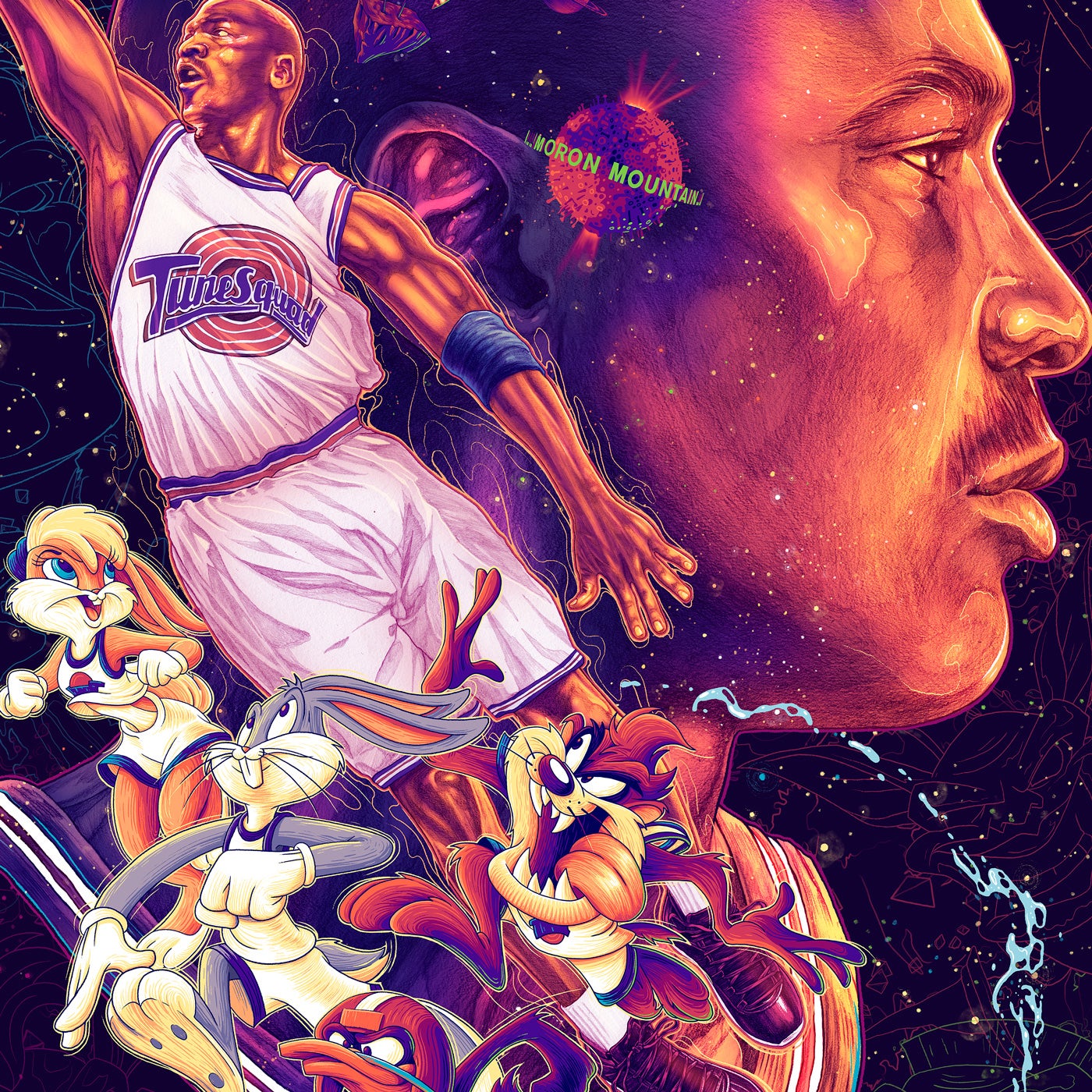 Space Jam GID by Tavo Montanez, 24" x 36" Screen Print with Glow in the Dark layer