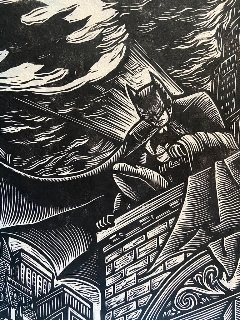 Batman (Linocut) by Brian Reedy, 20" x 30" Linocut print with hand-deckled edges on lokta paper