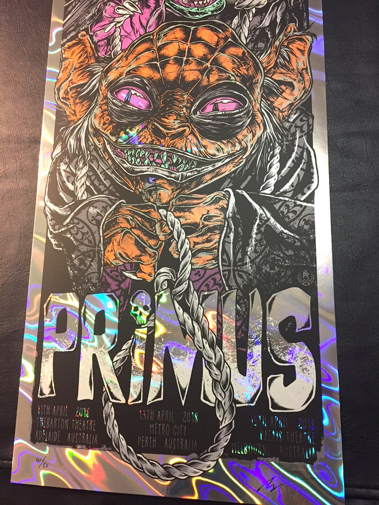 Primus Adelaide, Perth, Melbourne 2018 Foil by Rhys Cooper, 12" x 36" Screen Print on foil paper