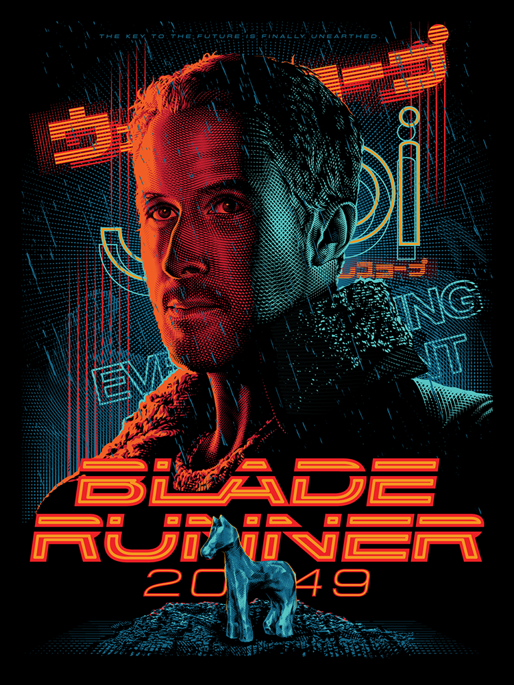 Blade Runner 2049 (black foil variant) by Tracie Ching, 18" x 24" Screen Print with neon inks on black foil paper