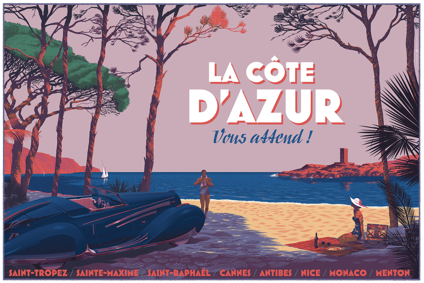 The Delahaye La Cote D'Azur (Variant French Riviera) by Laurent Durieux, 36" x 24" Screen Print