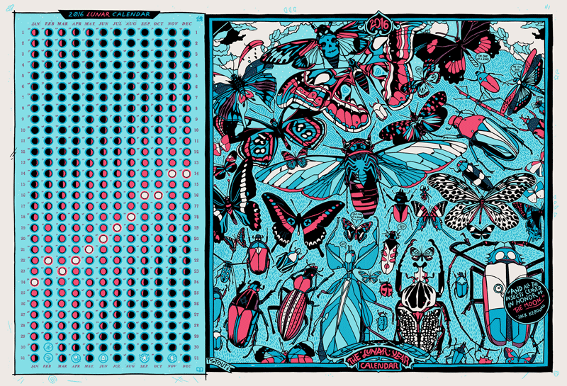 2016 Lunar Calendar by Tyler Stout, 19" x 13" Screen Print