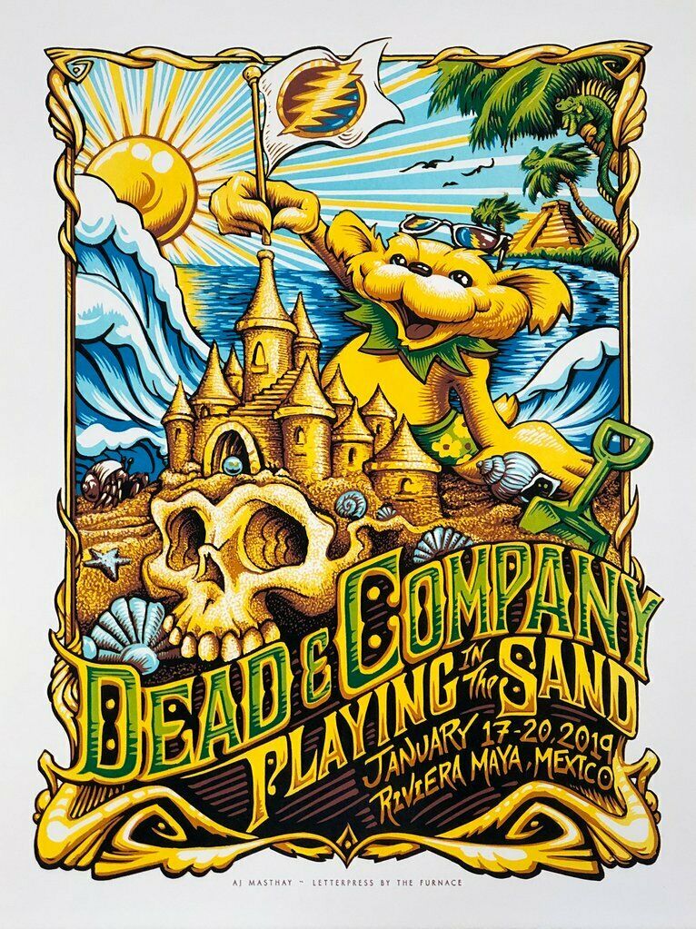 Dead & Company Riviera Maya 2019 by AJ Masthay, 18" x 24" Linoleum Block Print