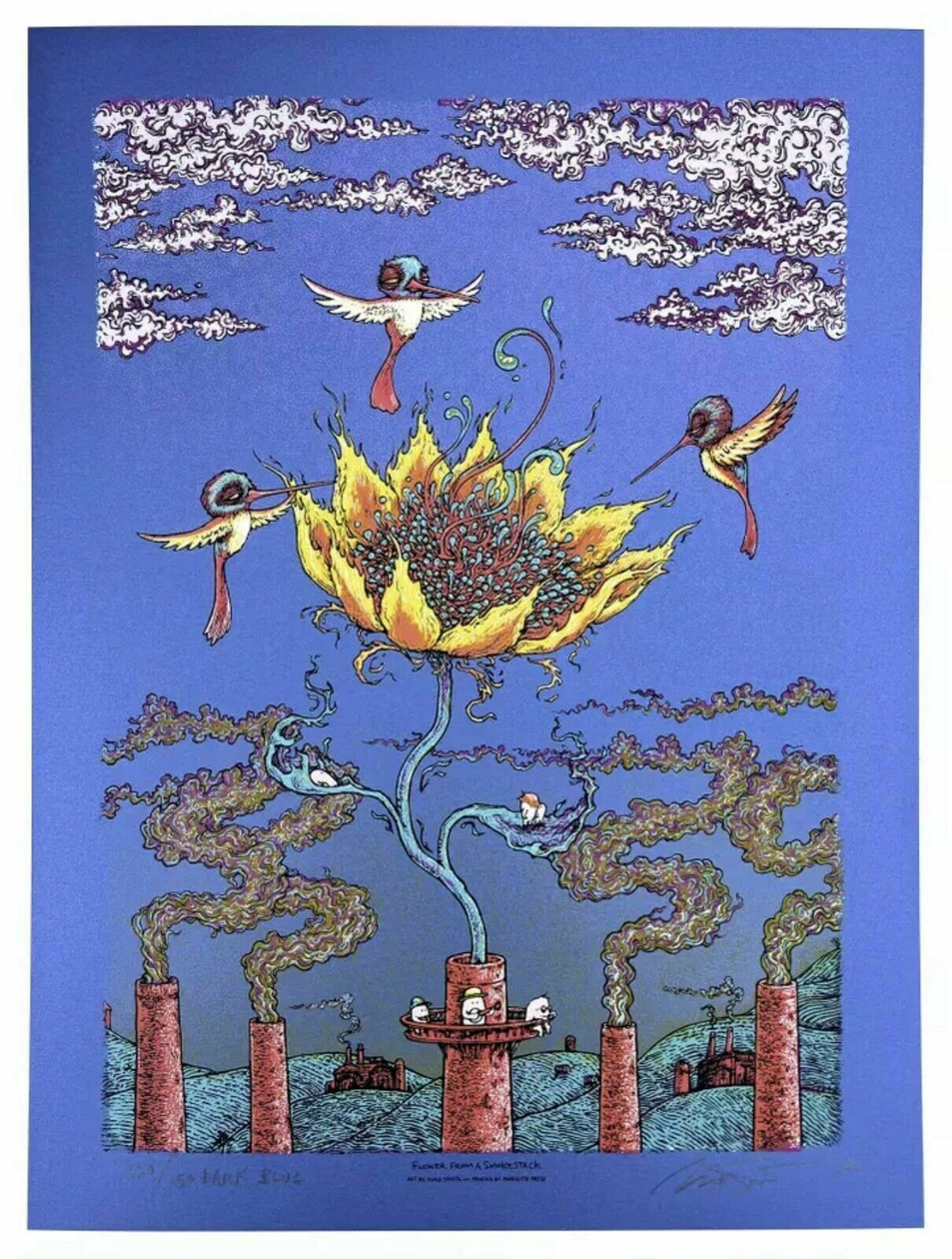 Flower from a Smokestack Dark Blue by Marq Spusta, 12" x 16" Screen Print