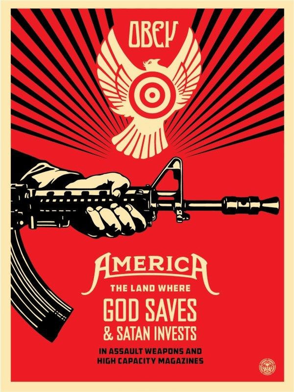 God Saves & Satan Invests by Shepard Fairey, 18" x 24" Screen Print