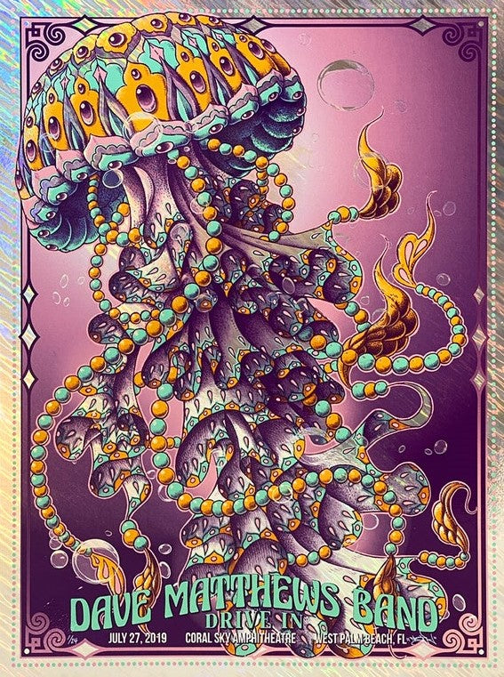 Dave Matthews Band West Palm Beach 2019 Lava Foil Variant by BioWorkz, 18" x 24" Screen Print