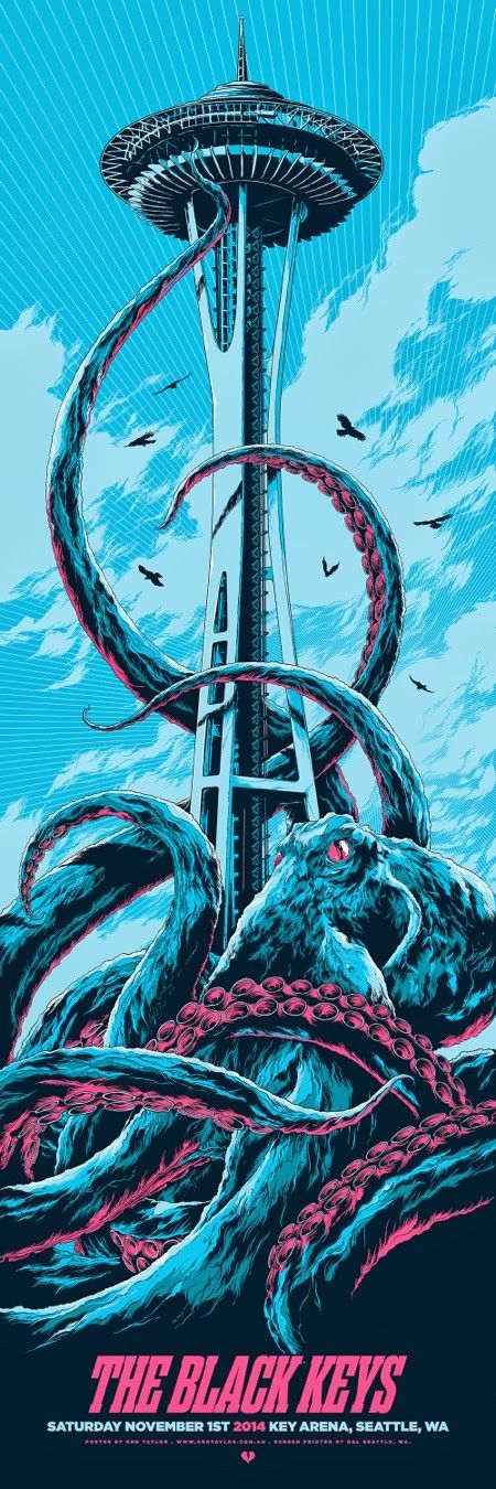 Black Keys Seattle 2014 by Ken Taylor, 12" x 36" Screen Print