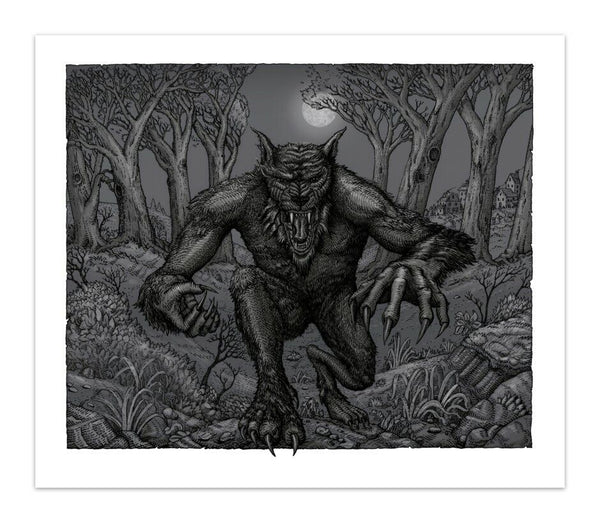 Beware the Full Moon Werewolf (Silver Variant) by David Welker, 16" x 14" Screen Print